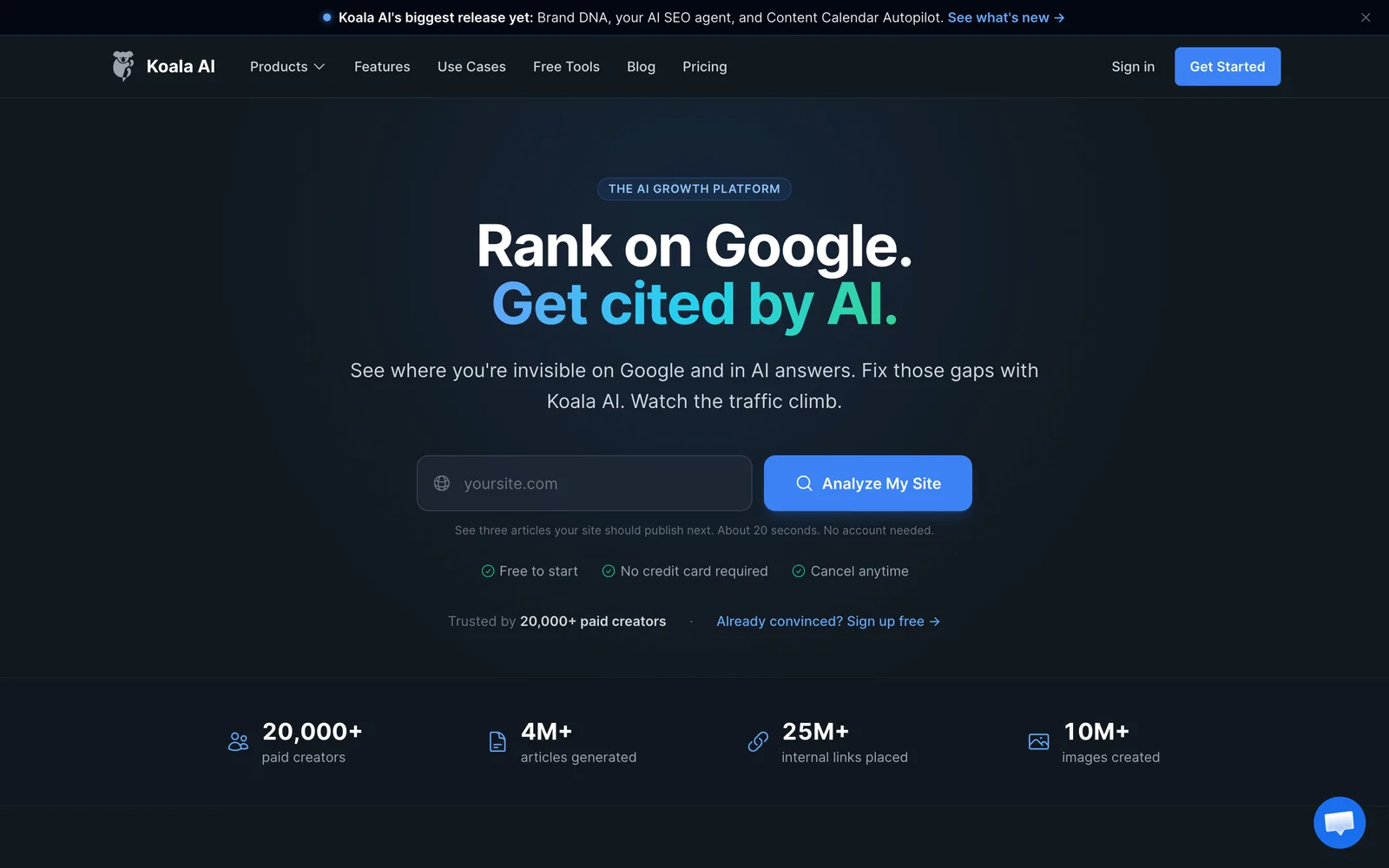 The Koala AI homepage at koala.sh