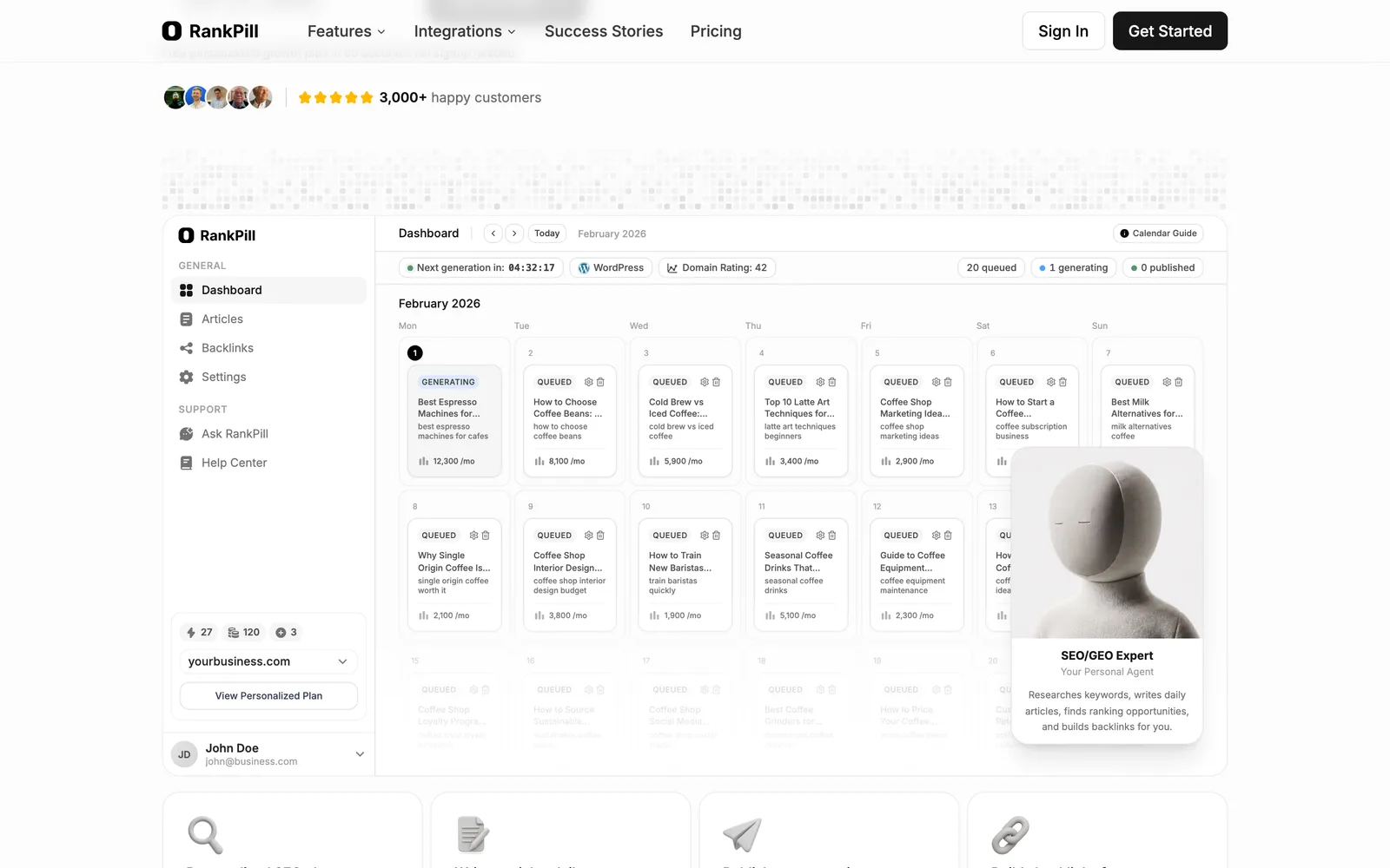 The RankPill dashboard, as shown on rankpill.com