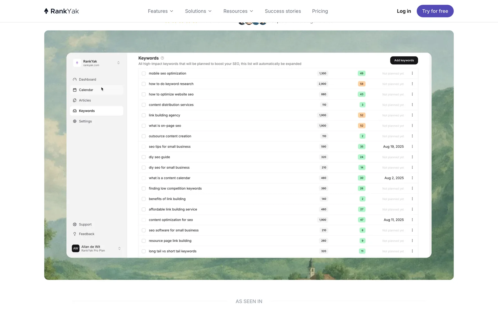 The RankYak keyword planner, as shown on rankyak.com