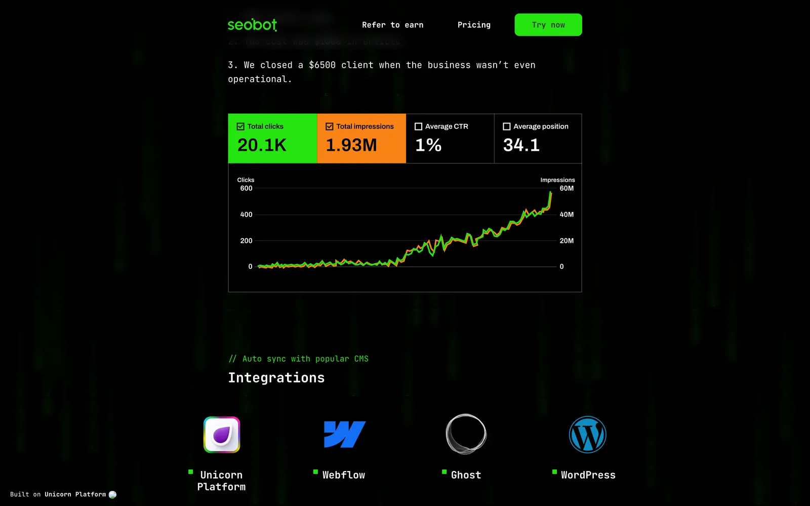 The SEObot traffic dashboard, as shown on seobotai.com